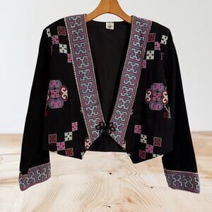 Rising Tide Vintage Black Embroidered Jacket Sz M 42"Bust Cropped Toggle Lined